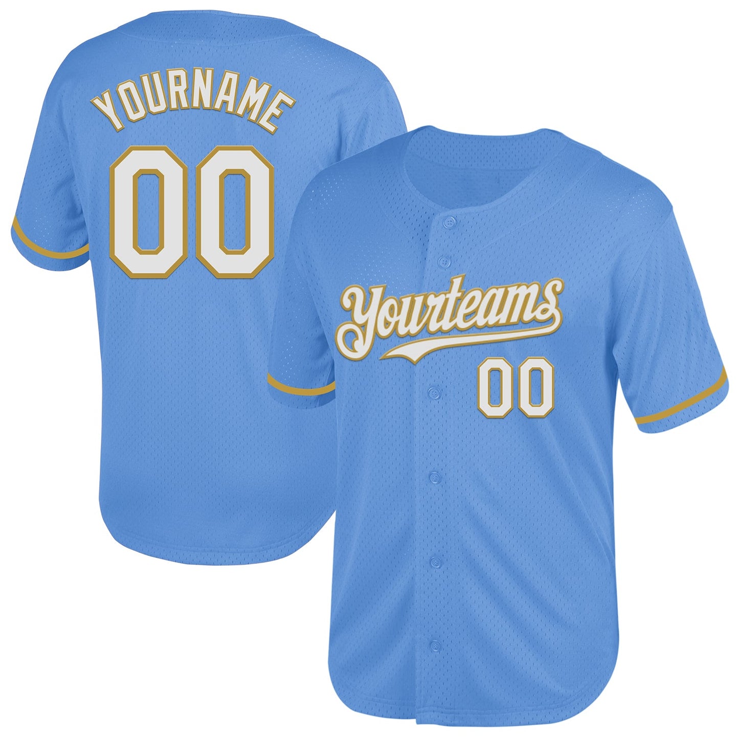 Custom Light Blue White-Old Gold Mesh Authentic Throwback Baseball Jersey - Main View