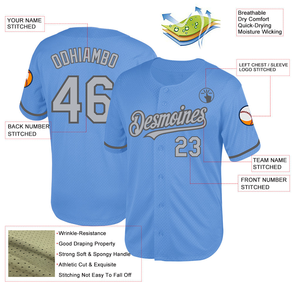 Custom Light Blue Gray-Steel Gray Mesh Authentic Throwback Baseball Jersey view 3