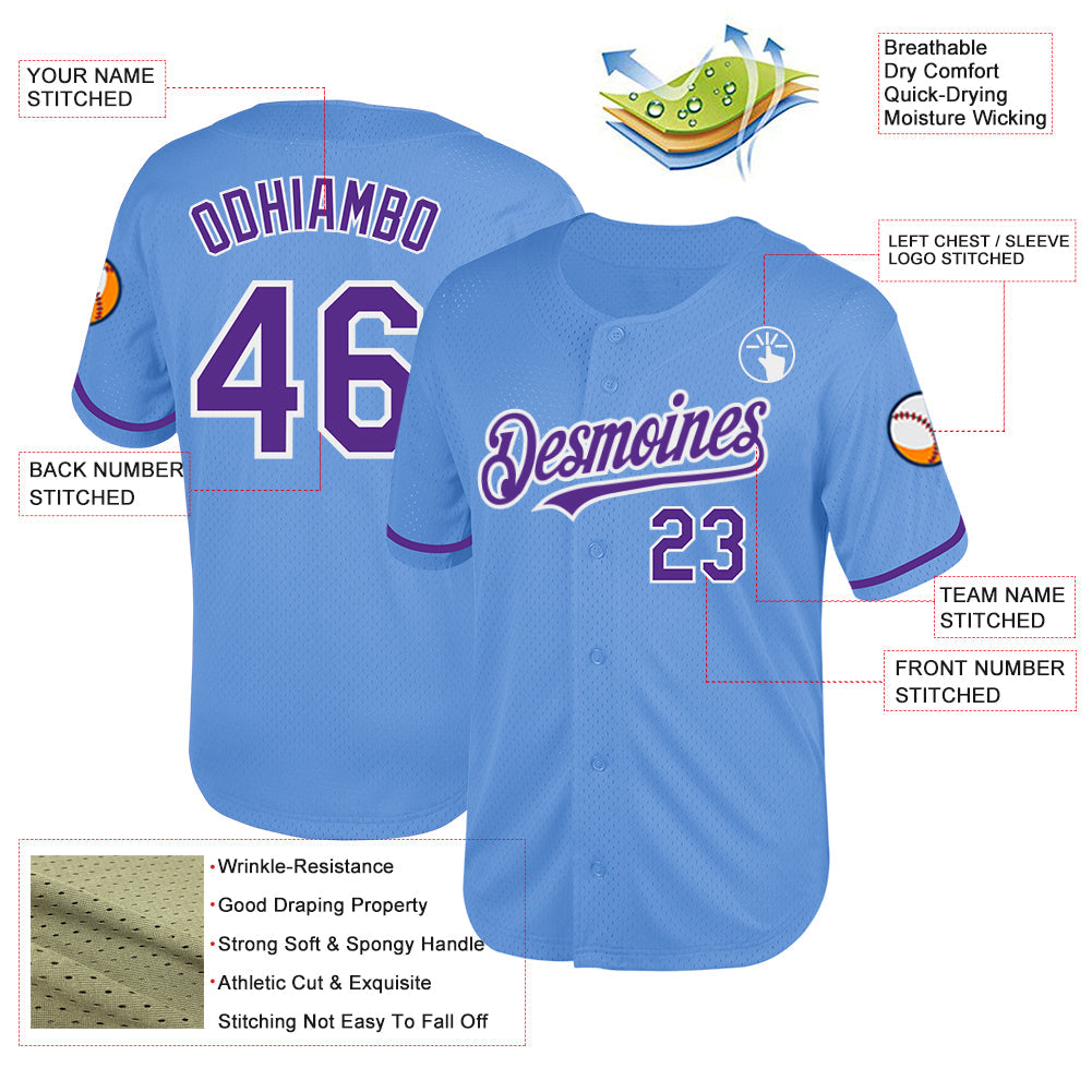 Custom Light Blue Purple-White Mesh Authentic Throwback Baseball Jersey view 3
