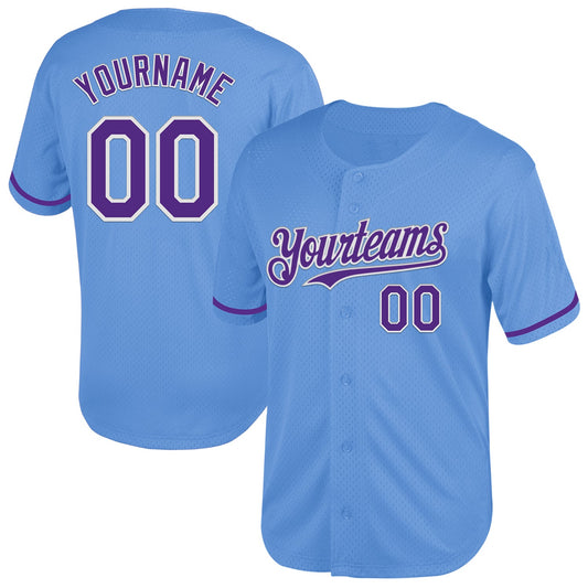 Custom Light Blue Purple-White Mesh Authentic Throwback Baseball Jersey - Main View