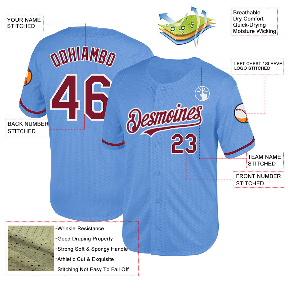 Custom Light Blue Crimson-White Mesh Authentic Throwback Baseball Jersey view 3
