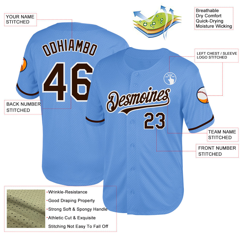 Custom Light Blue Brown-White Mesh Authentic Throwback Baseball Jersey view 3