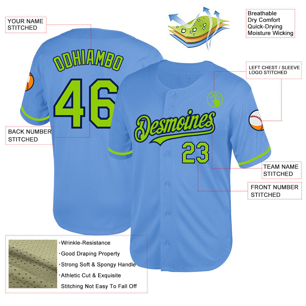 Custom Light Blue Neon Green-Navy Mesh Authentic Throwback Baseball Jersey view 3