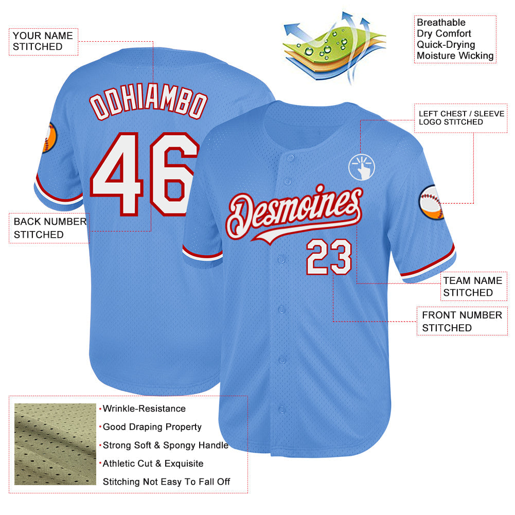 Custom Light Blue White-Red Mesh Authentic Throwback Baseball Jersey view 3