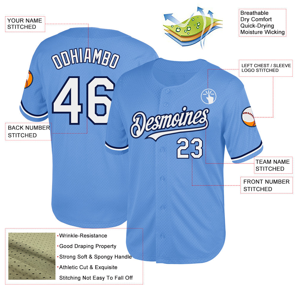 Custom Light Blue White-Navy Mesh Authentic Throwback Baseball Jersey view 3