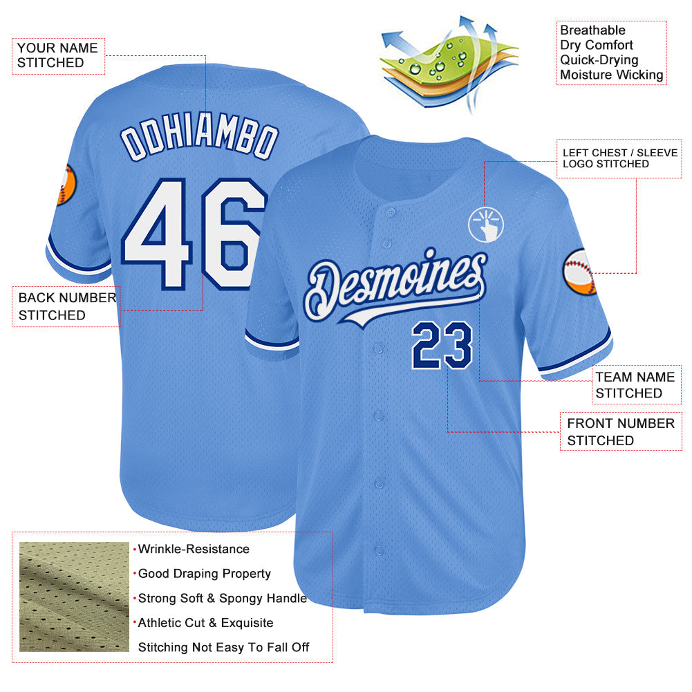 Custom Light Blue White-Royal Mesh Authentic Throwback Baseball Jersey view 3