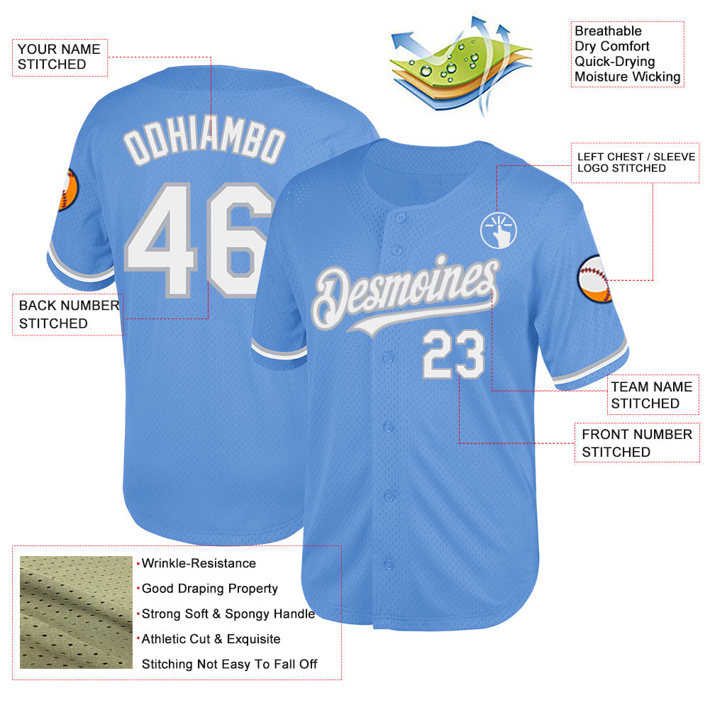 Custom Light Blue White-Gray Mesh Authentic Throwback Baseball Jersey view 3
