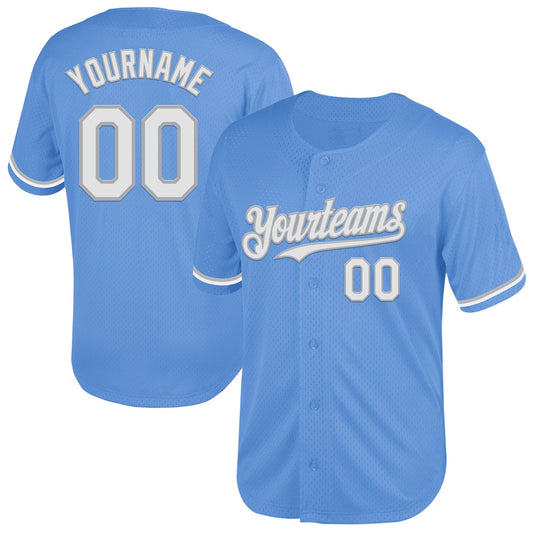 Custom Light Blue White-Gray Mesh Authentic Throwback Baseball Jersey - Main View