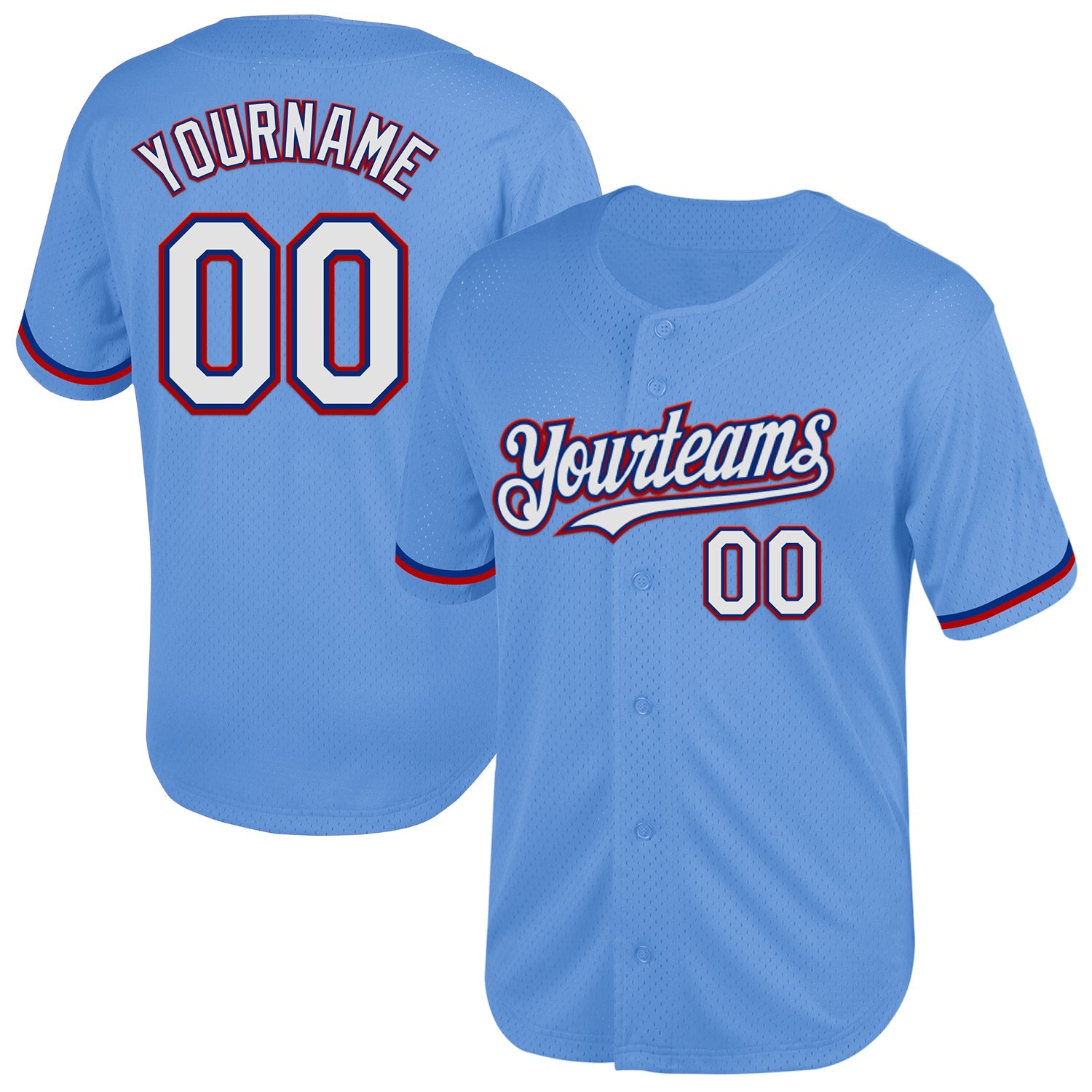 Custom Light Blue Royal-Red Mesh Authentic Throwback Baseball Jersey - Main View