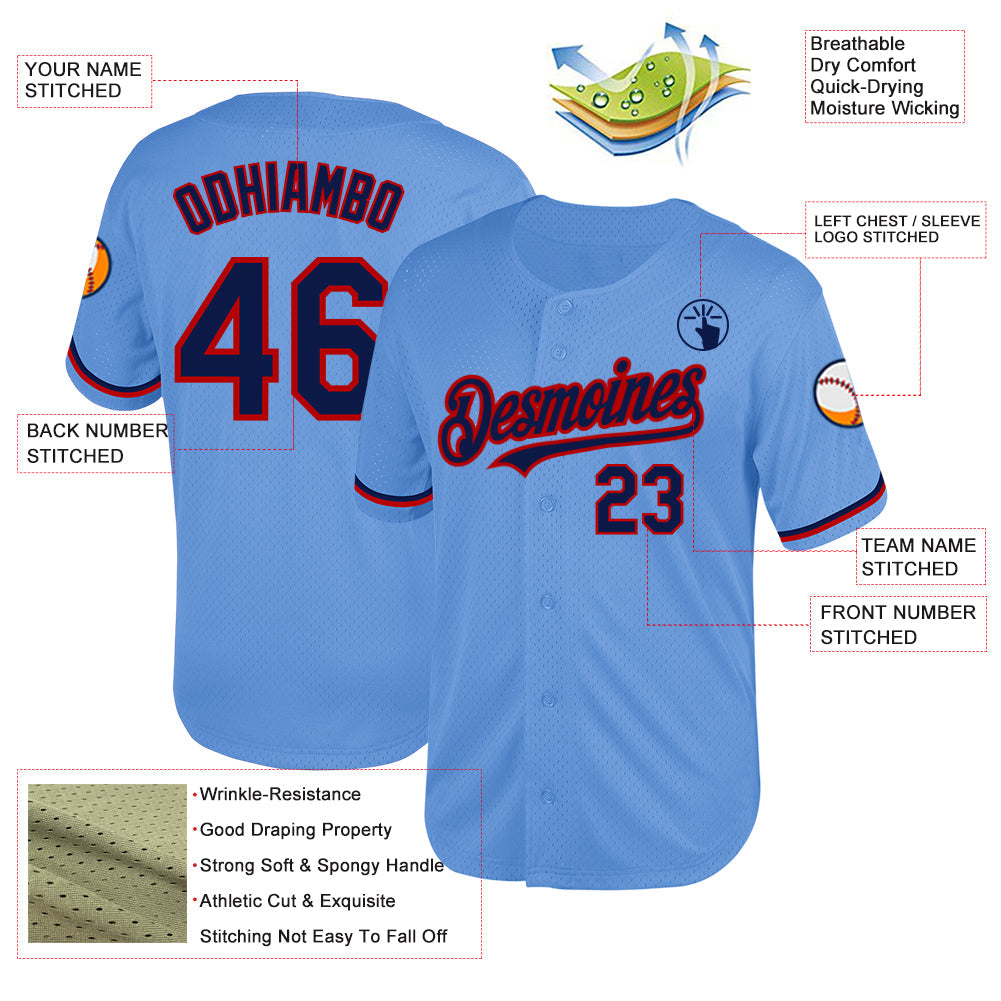Custom Light Blue Navy-Red Mesh Authentic Throwback Baseball Jersey view 3