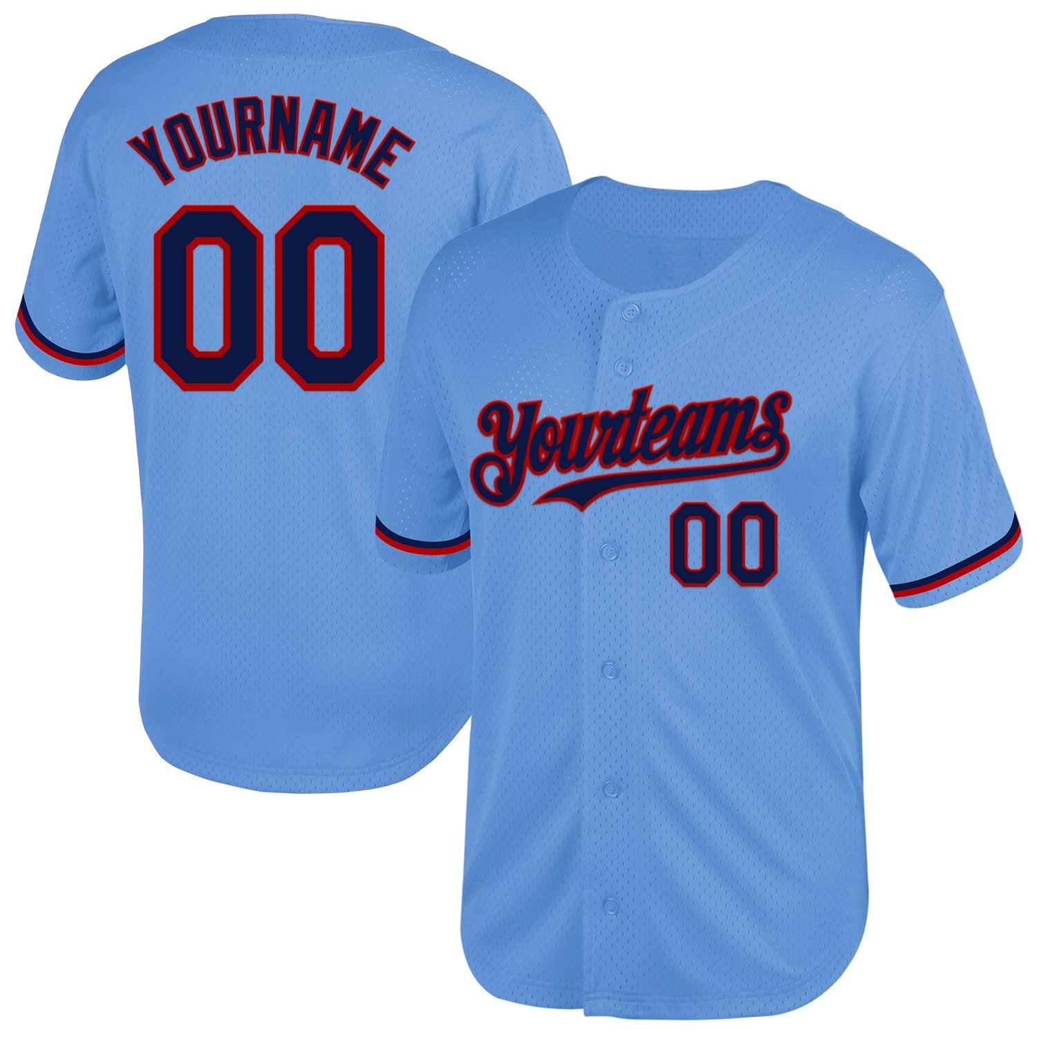 Custom Light Blue Navy-Red Mesh Authentic Throwback Baseball Jersey - Main View