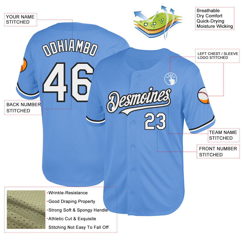 Custom Light Blue White-Black Mesh Authentic Throwback Baseball Jersey view 3