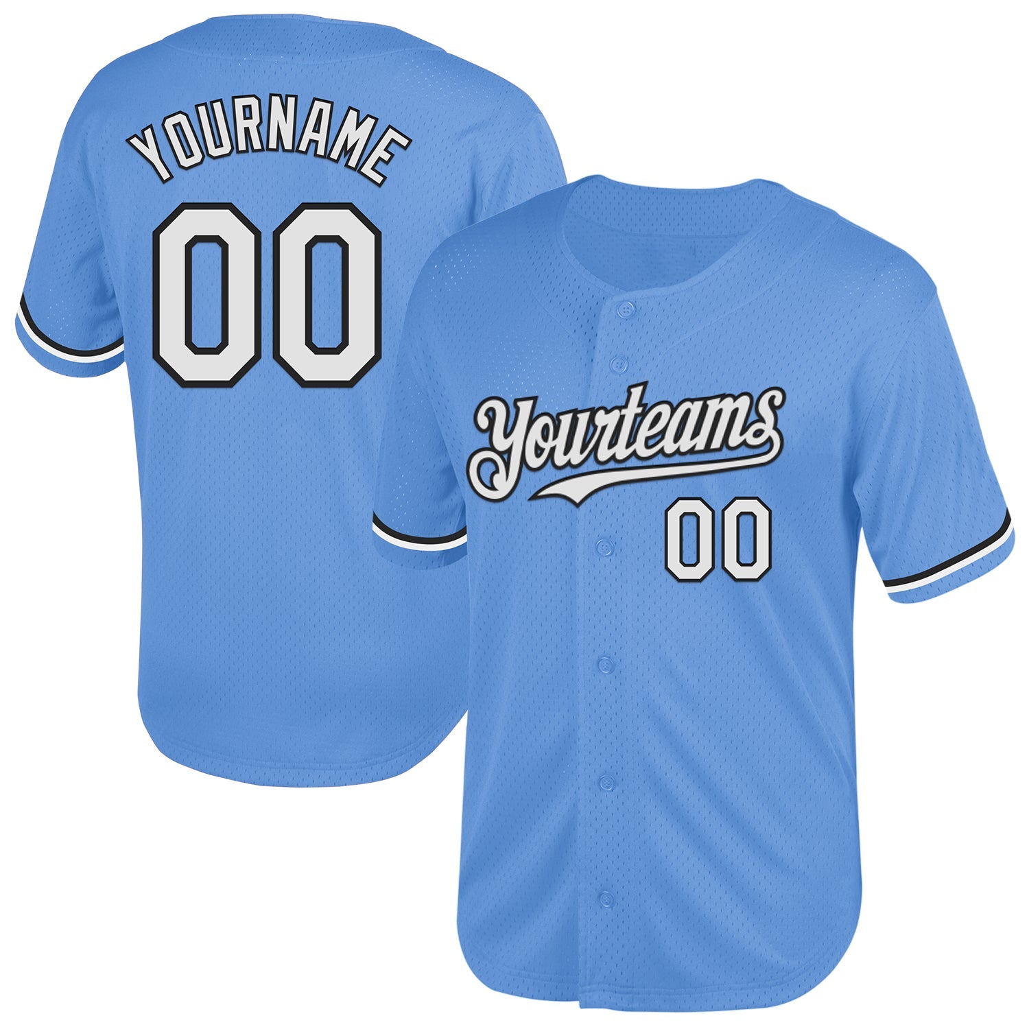 Custom Light Blue White-Black Mesh Authentic Throwback Baseball Jersey - Main View