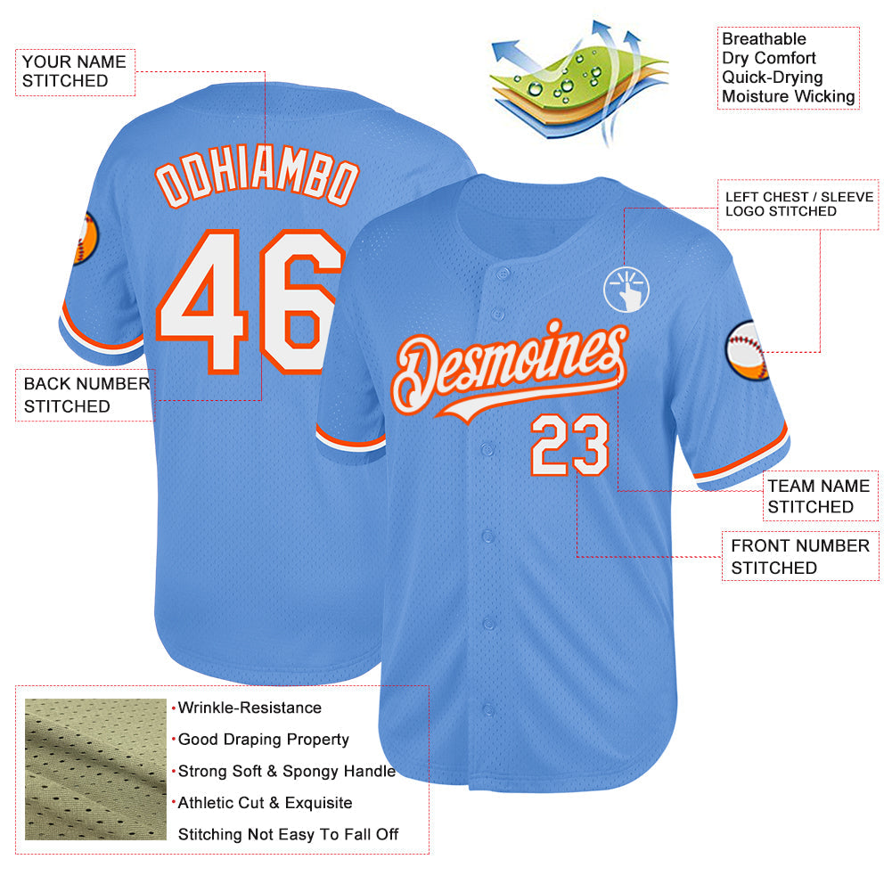Custom Light Blue White-Orange Mesh Authentic Throwback Baseball Jersey view 3