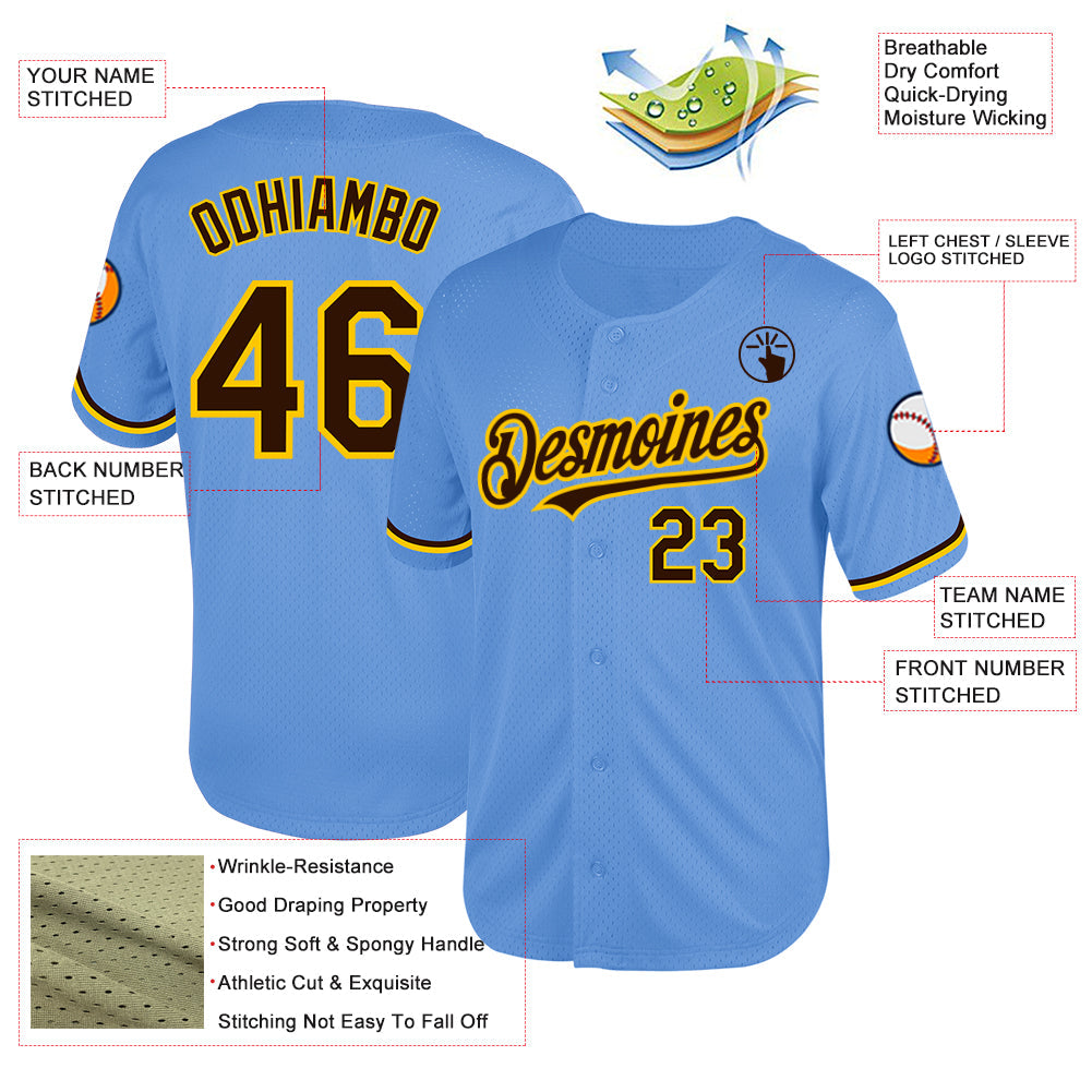 Custom Light Blue Brown-Yellow Mesh Authentic Throwback Baseball Jersey view 3
