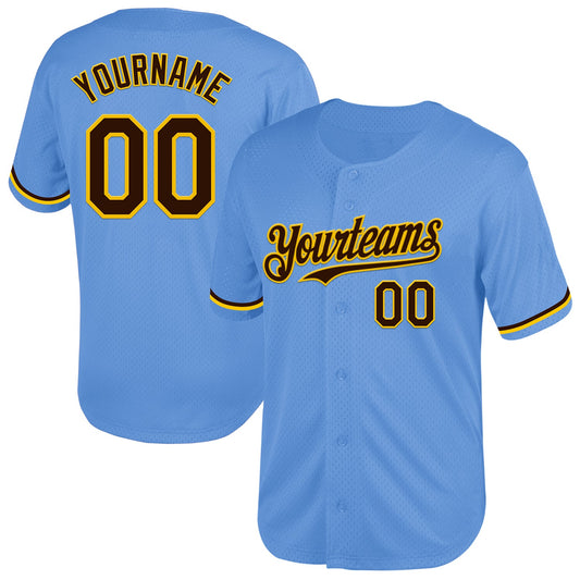 Custom Light Blue Brown-Yellow Mesh Authentic Throwback Baseball Jersey - Main View