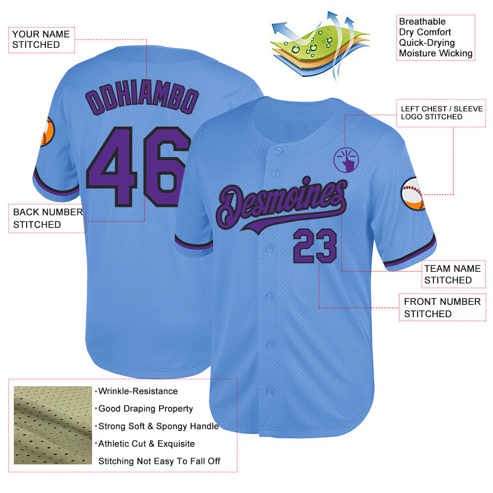 Custom Light Blue Purple-Black Mesh Authentic Throwback Baseball Jersey view 3