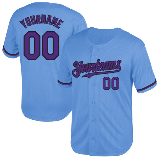 Custom Light Blue Purple-Black Mesh Authentic Throwback Baseball Jersey - Main View