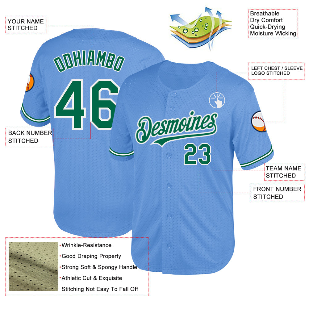 Custom Light Blue Kelly Green-White Mesh Authentic Throwback Baseball Jersey view 3