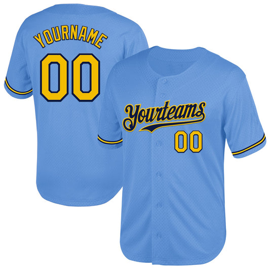 Custom Light Blue Yellow-Navy Mesh Authentic Throwback Baseball Jersey - Main View