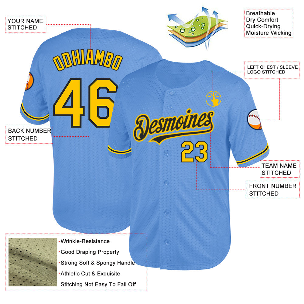 Custom Light Blue Yellow-Black Mesh Authentic Throwback Baseball Jersey view 3