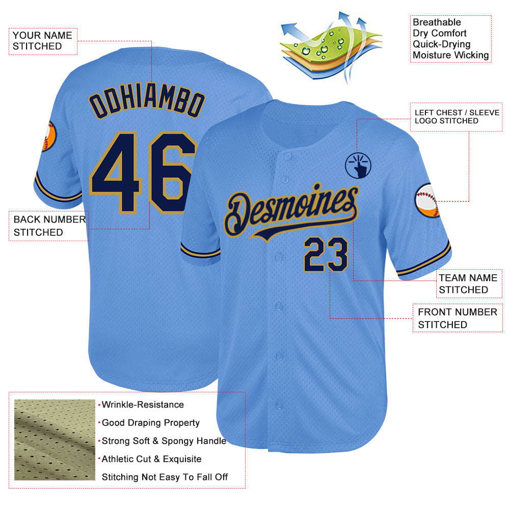 Custom Light Blue Navy-Old Gold Mesh Authentic Throwback Baseball Jersey view 3