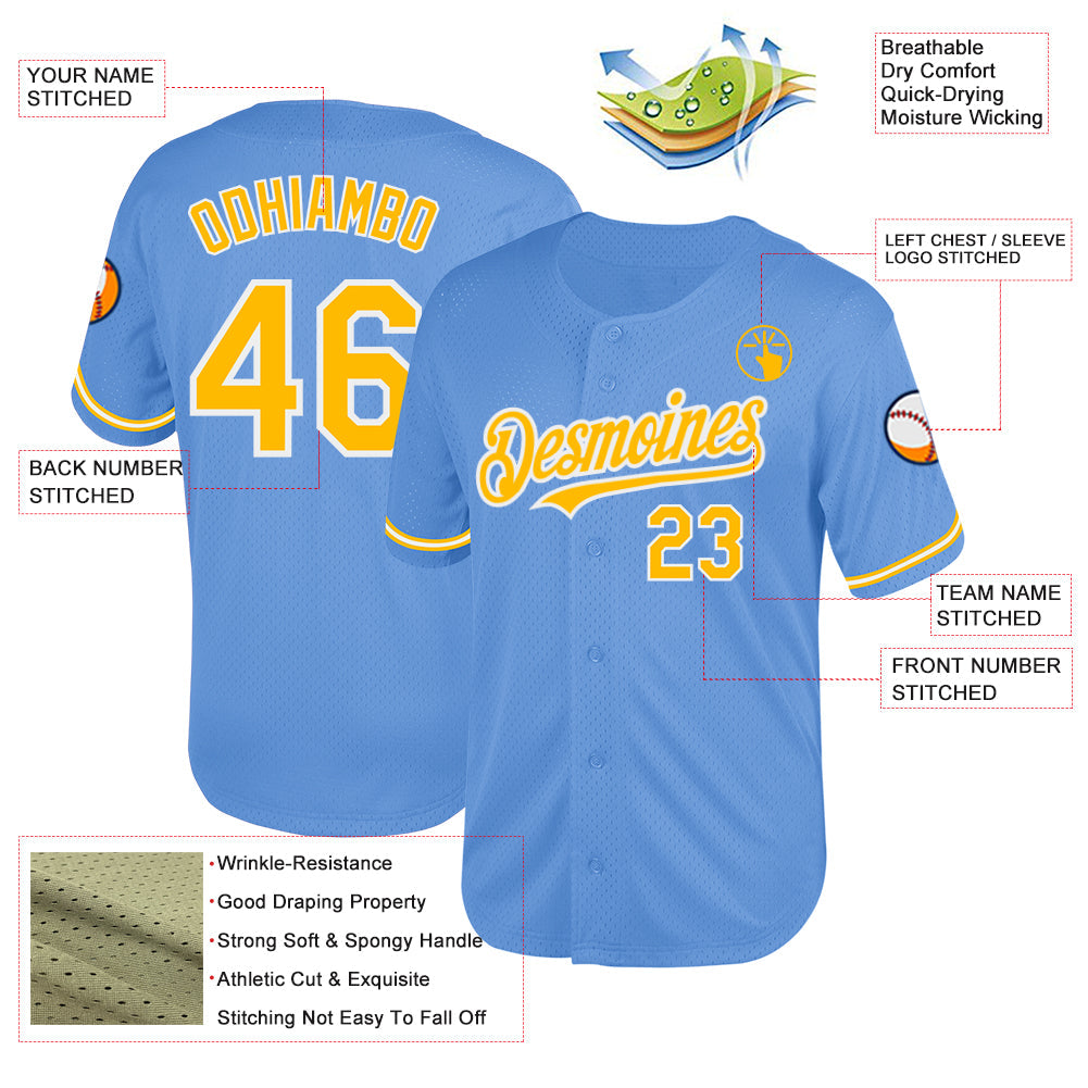Custom Light Blue Gold-White Mesh Authentic Throwback Baseball Jersey view 3