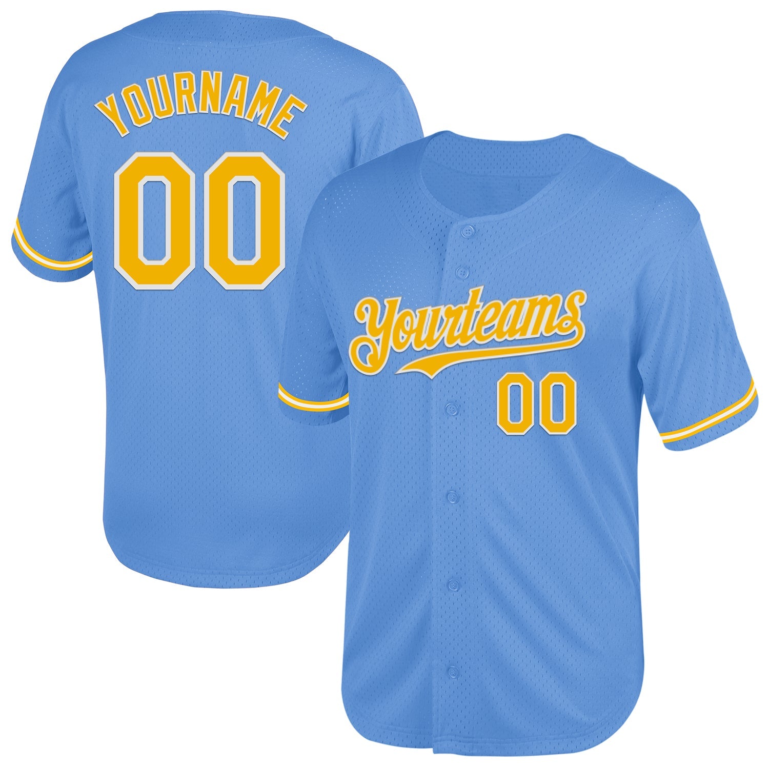 Custom Light Blue Gold-White Mesh Authentic Throwback Baseball Jersey - Main View