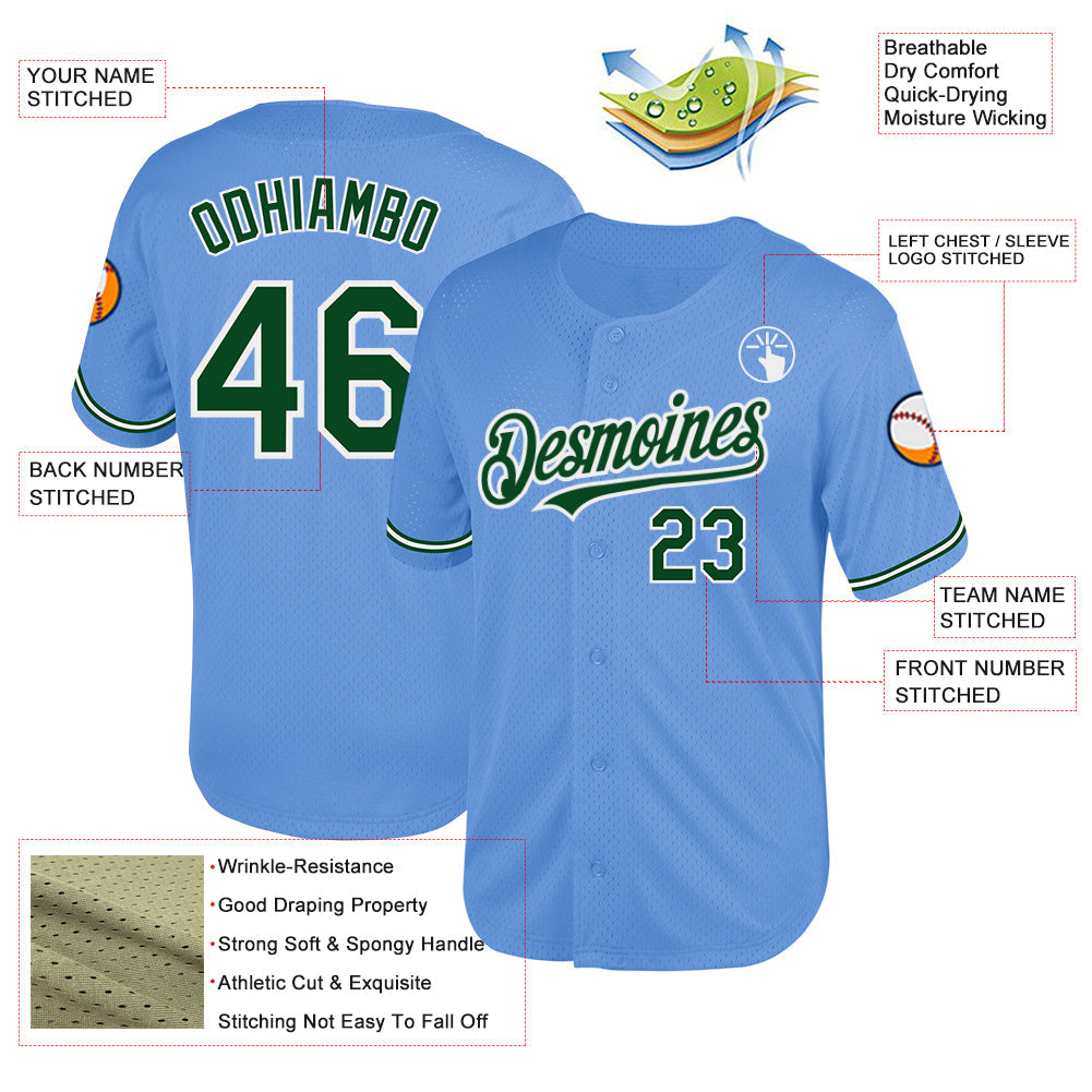 Custom Light Blue Green-White Mesh Authentic Throwback Baseball Jersey view 3