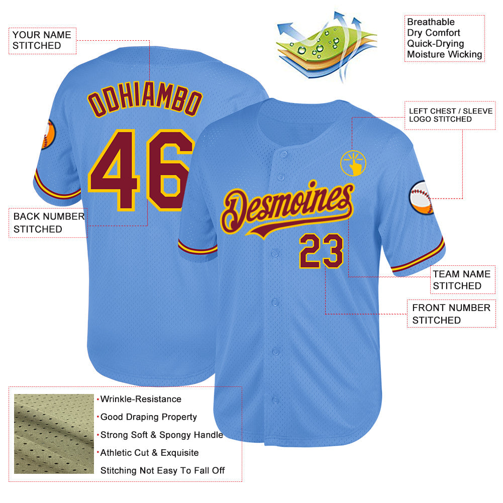 Custom Light Blue Crimson-Yellow Mesh Authentic Throwback Baseball Jersey view 3