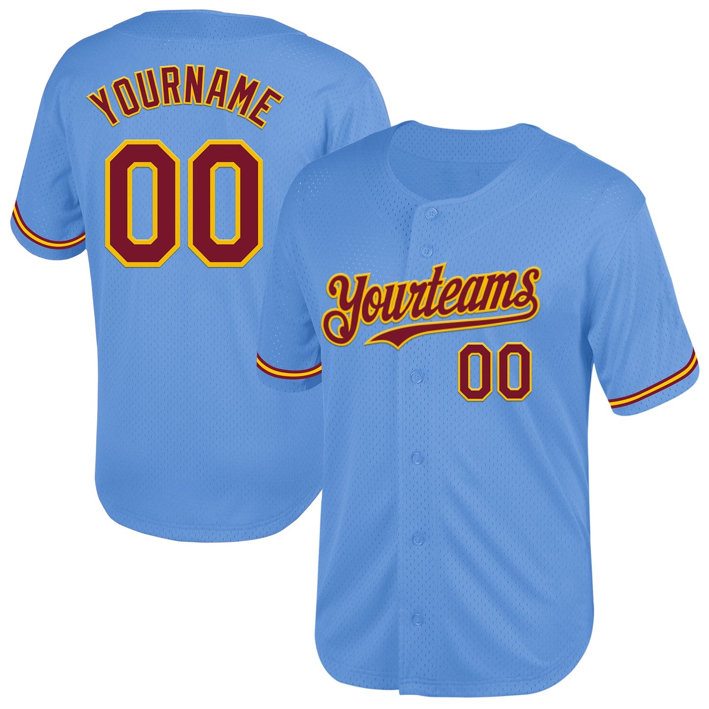 Custom Light Blue Crimson-Yellow Mesh Authentic Throwback Baseball Jersey - Main View