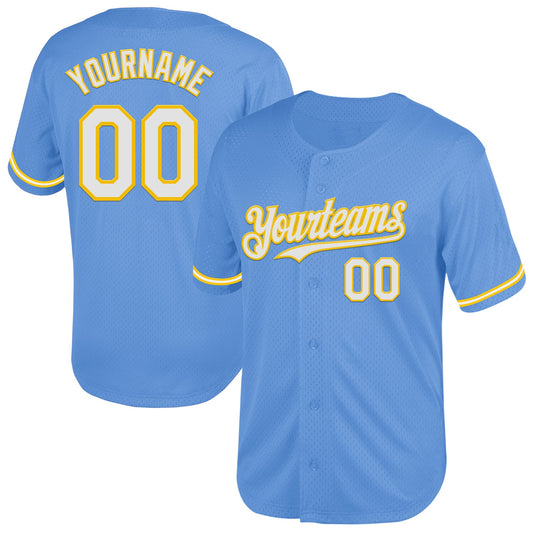 Custom Light Blue White-Yellow Mesh Authentic Throwback Baseball Jersey - Main View