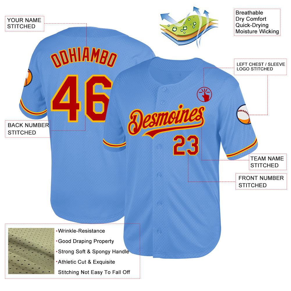Custom Light Blue Red-Gold Mesh Authentic Throwback Baseball Jersey view 3