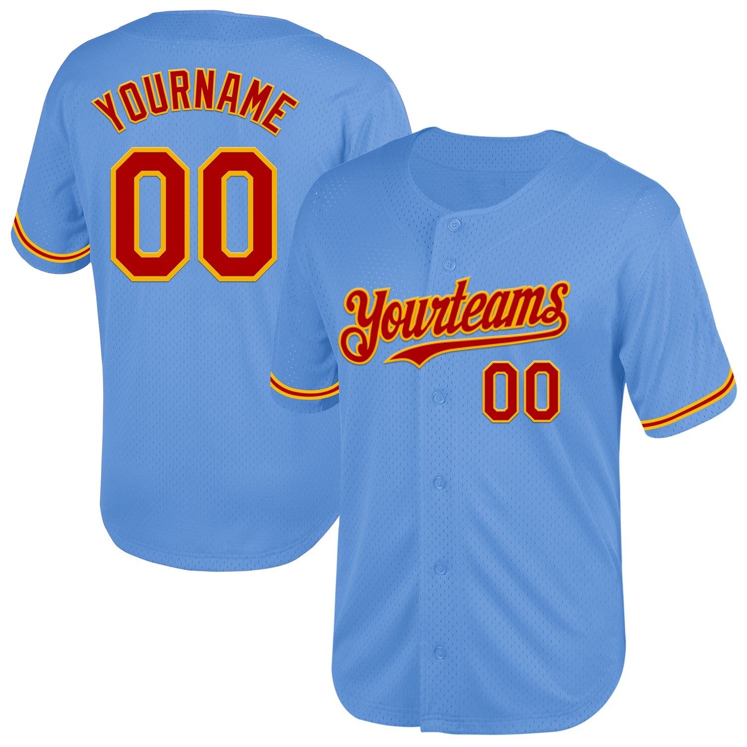 Custom Light Blue Red-Gold Mesh Authentic Throwback Baseball Jersey - Main View