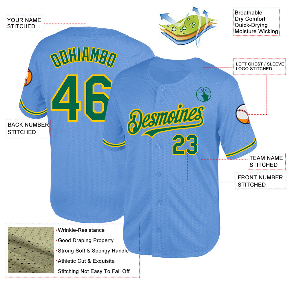 Custom Light Blue Kelly Green-Yellow Mesh Authentic Throwback Baseball Jersey view 3