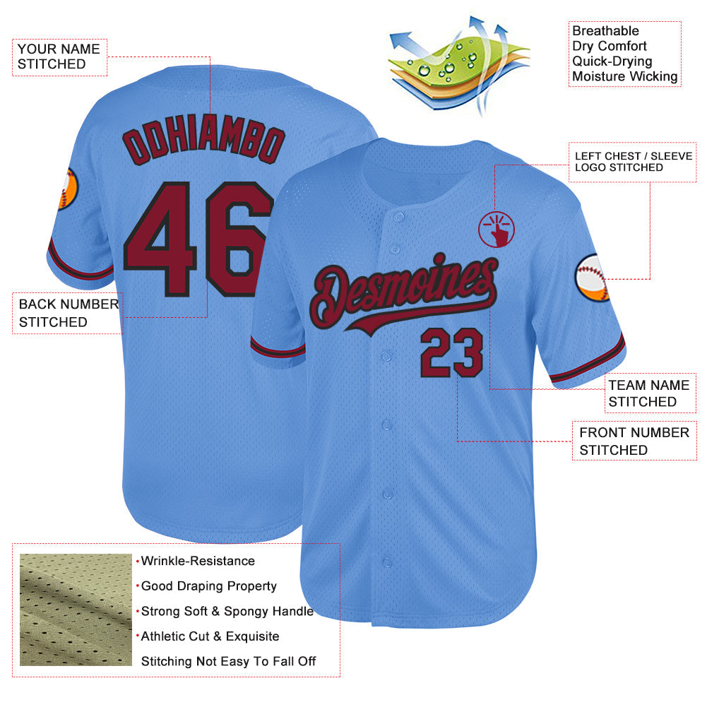 Custom Light Blue Crimson-Black Mesh Authentic Throwback Baseball Jersey view 3