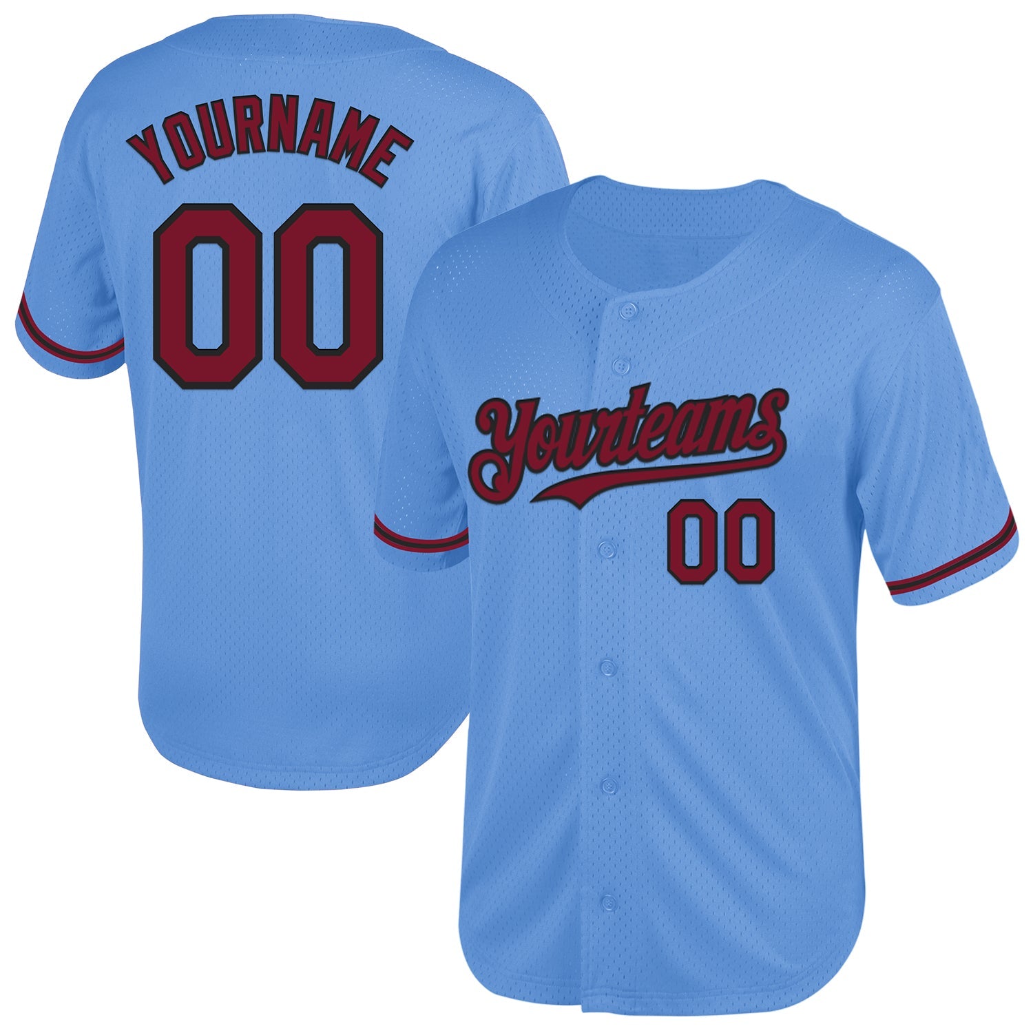 Custom Light Blue Crimson-Black Mesh Authentic Throwback Baseball Jersey - Main View