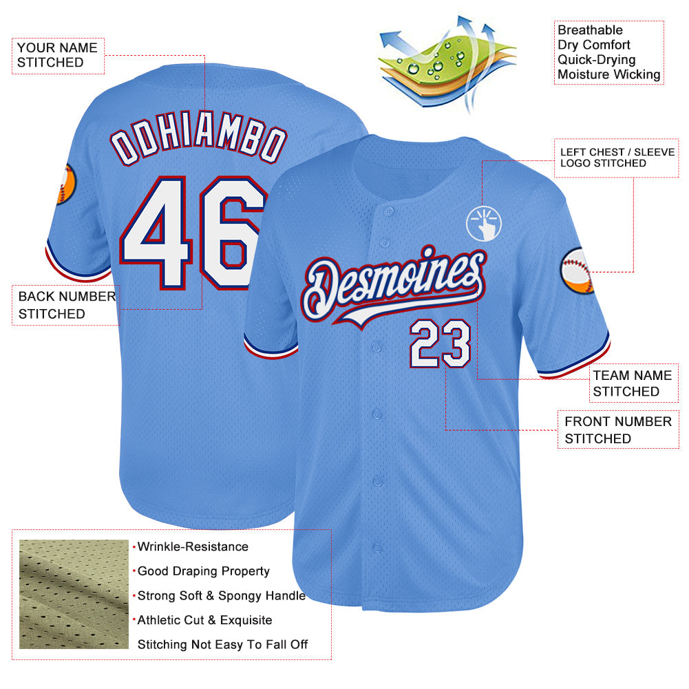 Custom Light Blue Royal-Red Mesh Authentic Throwback Baseball Jersey view 3