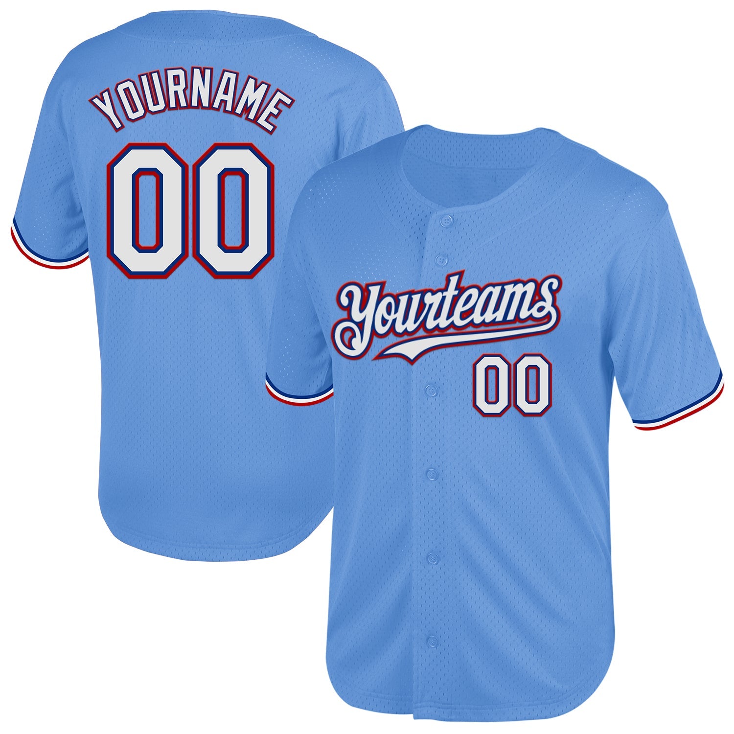 Custom Light Blue Royal-Red Mesh Authentic Throwback Baseball Jersey - Main View