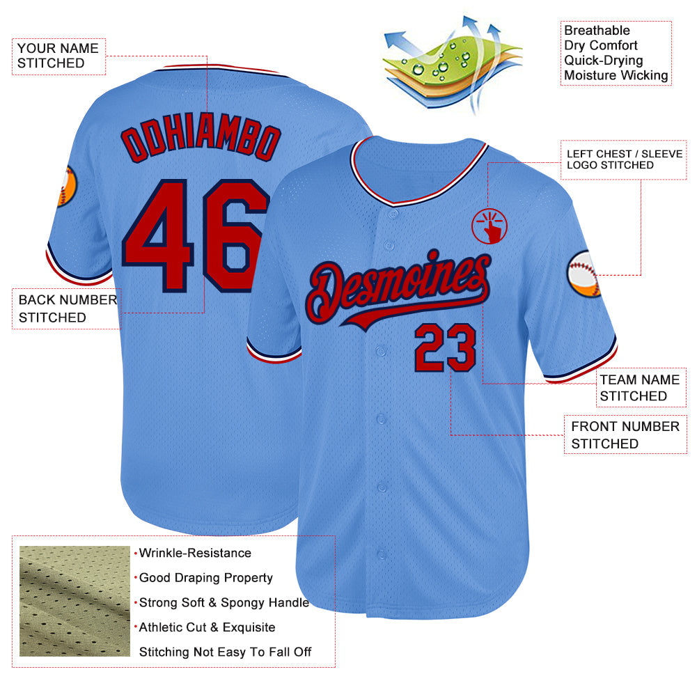 Custom Light Blue Red-Navy Mesh Authentic Throwback Baseball Jersey view 3
