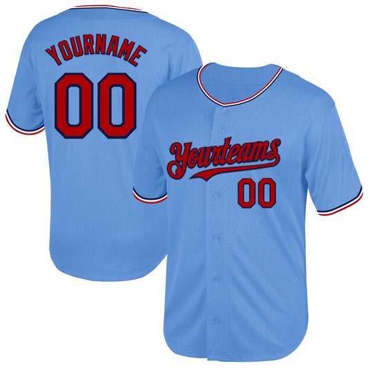 Custom Light Blue Red-Navy Mesh Authentic Throwback Baseball Jersey - Main View
