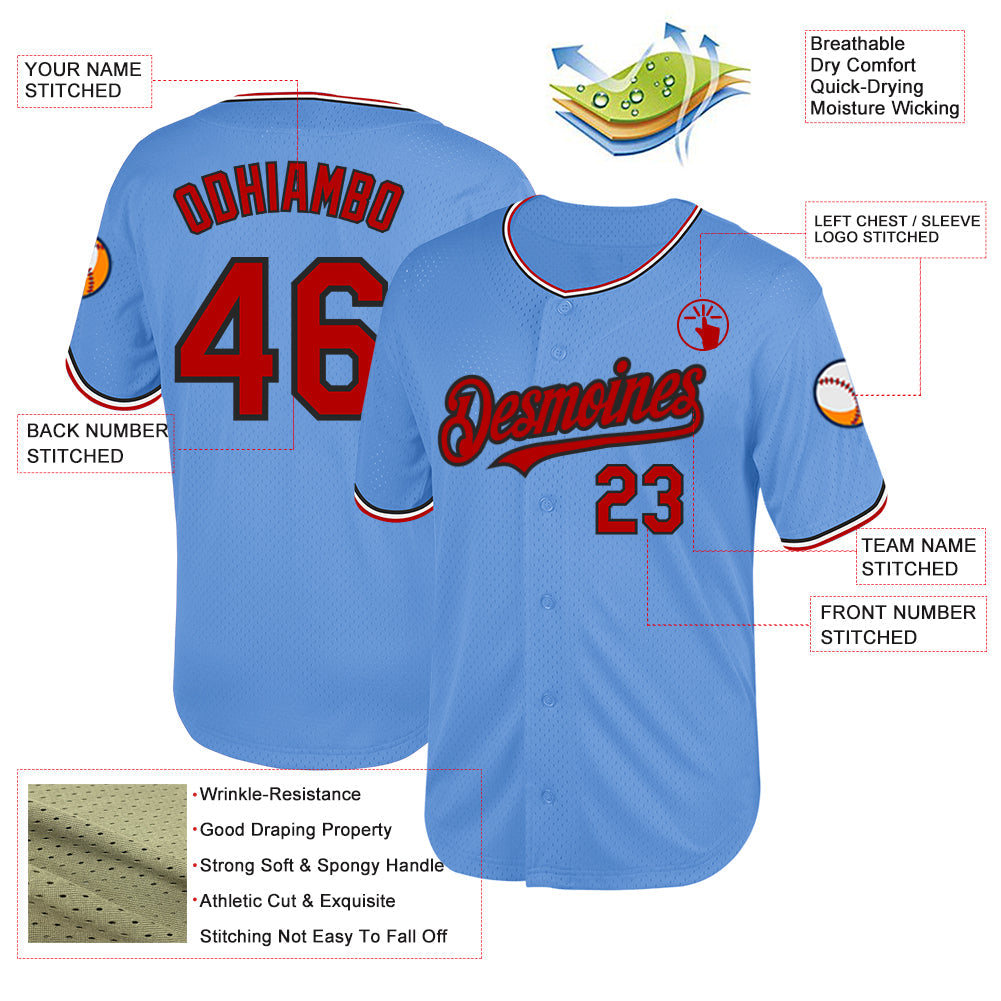 Custom Light Blue Red-Black Mesh Authentic Throwback Baseball Jersey view 3