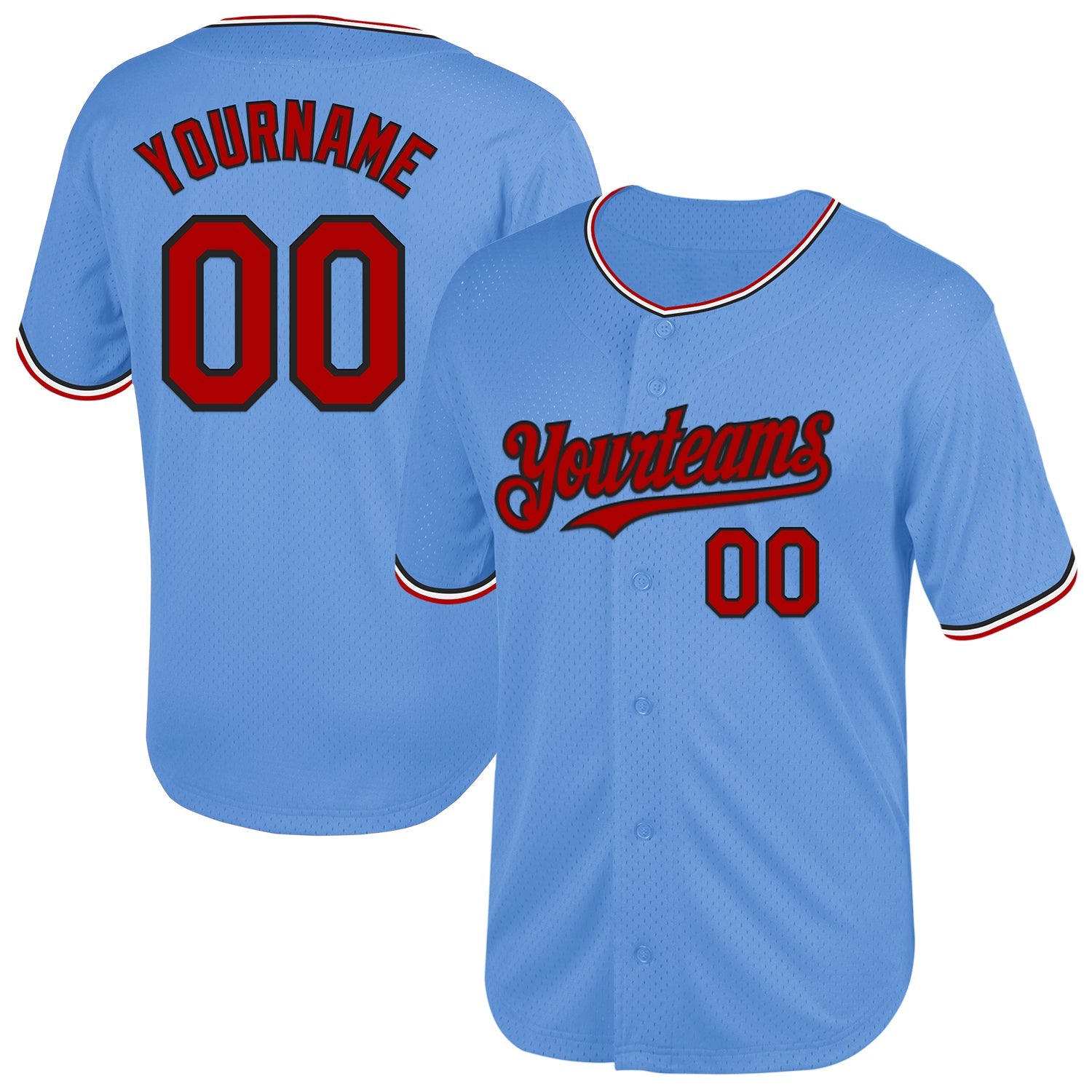 Custom Light Blue Red-Black Mesh Authentic Throwback Baseball Jersey - Main View