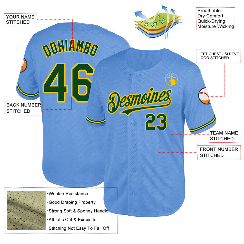 Custom Light Blue Green-Yellow Mesh Authentic Throwback Baseball Jersey view 3