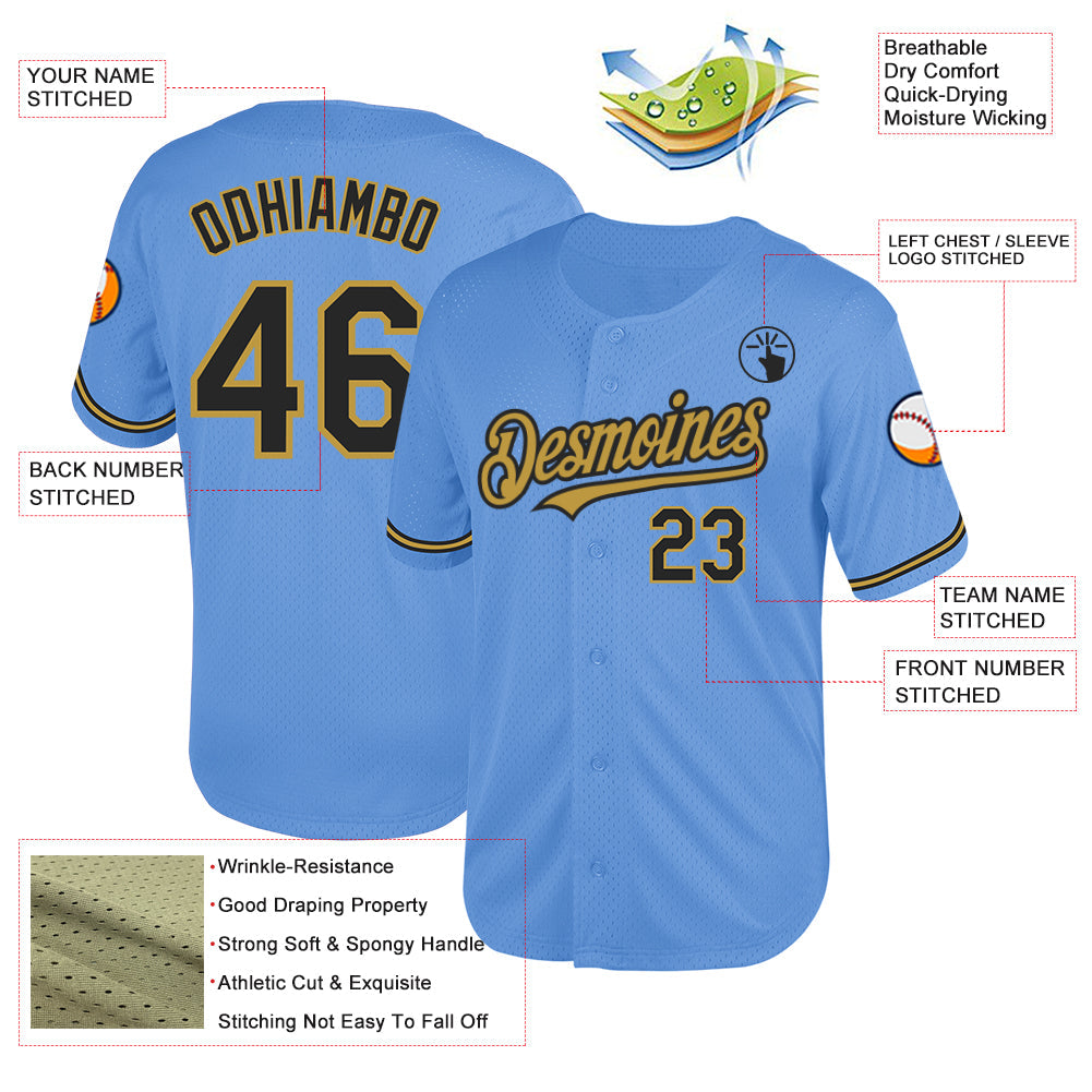 Custom Light Blue Black-Old Gold Mesh Authentic Throwback Baseball Jersey view 3