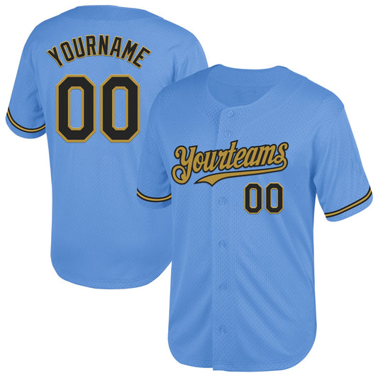 Custom Light Blue Black-Old Gold Mesh Authentic Throwback Baseball Jersey - Main View