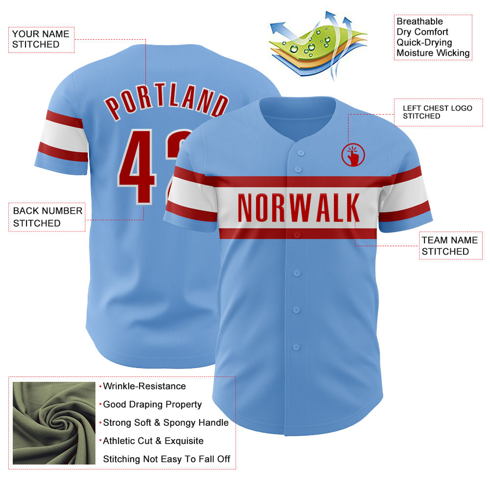Custom Light Blue Red-White Authentic Baseball Jersey view 3