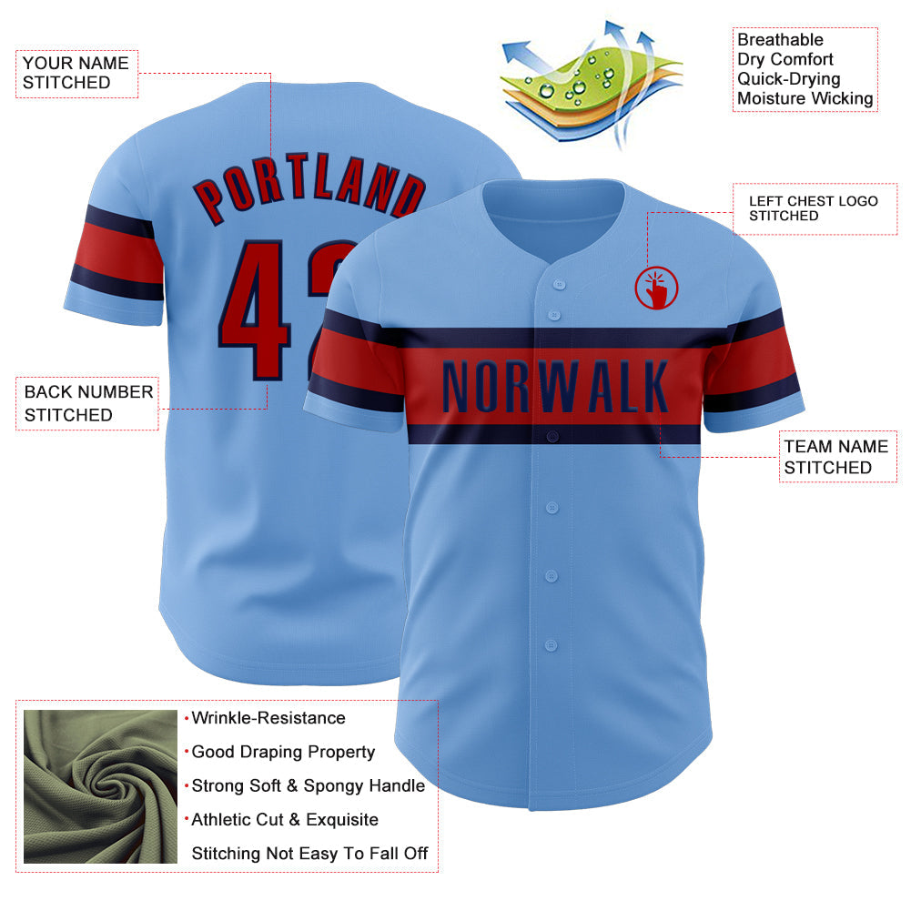 Custom Light Blue Red-Navy Authentic Baseball Jersey view 3