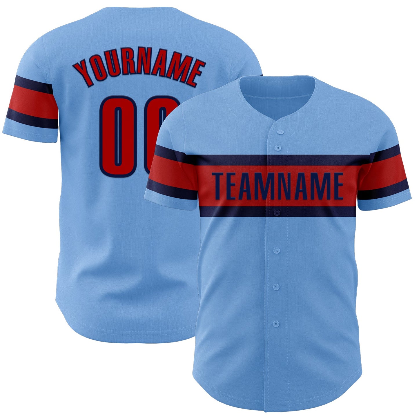 Custom Light Blue Red-Navy Authentic Baseball Jersey - Main View