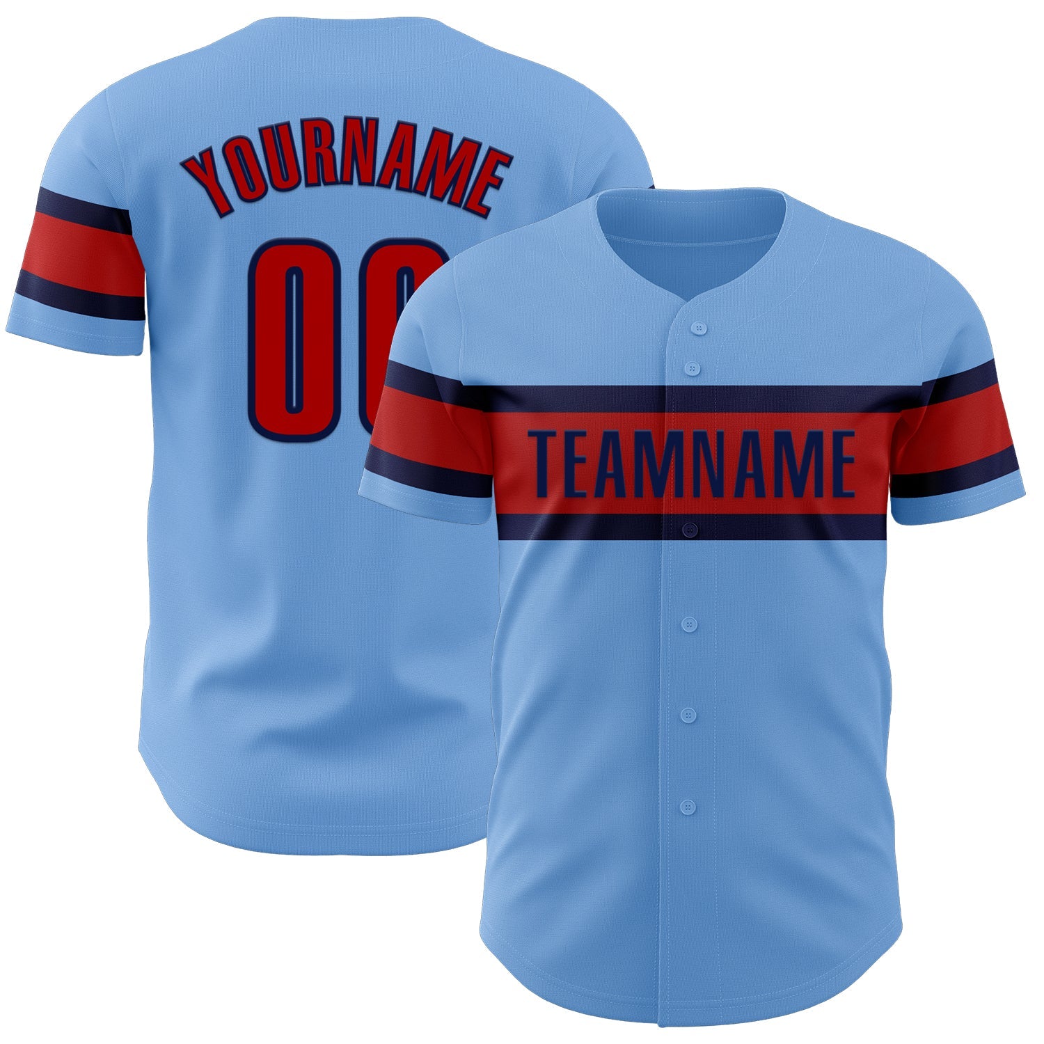 Custom Light Blue Red-Navy Authentic Baseball Jersey - Main View